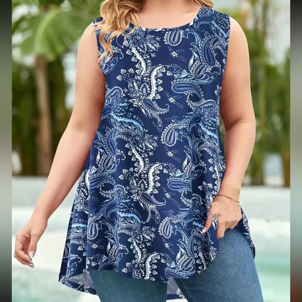 Blue Paisley Print Round Neck Slight Stretch Tunic Tank Top 1X